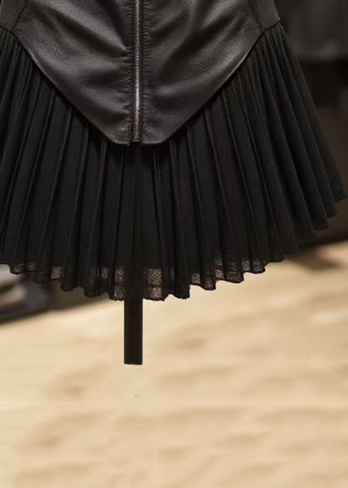 Stylish Black Zippered Wrinkled Patchwork Faux Leather Skirt Summer