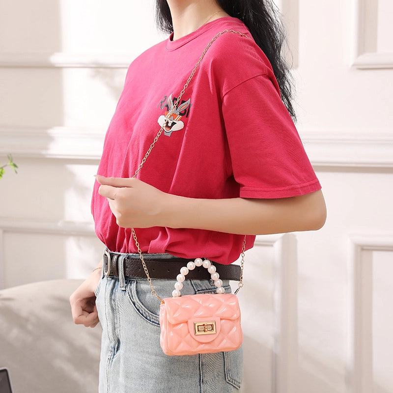 Women's PVC Solid Color Cute Beading Pearls Square Lock Clasp Crossbody Bag