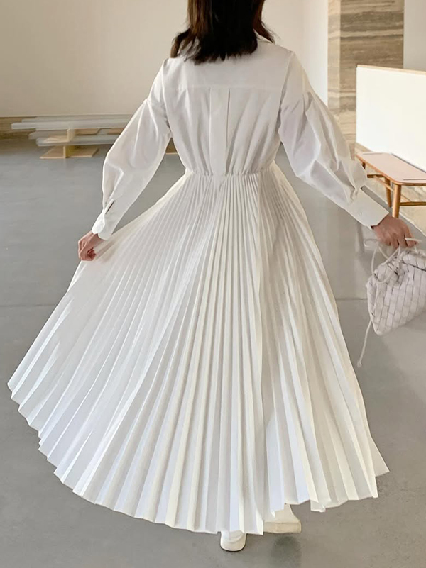 A-Line Long Sleeves Pleated Solid Color V-Neck Maxi Dresses