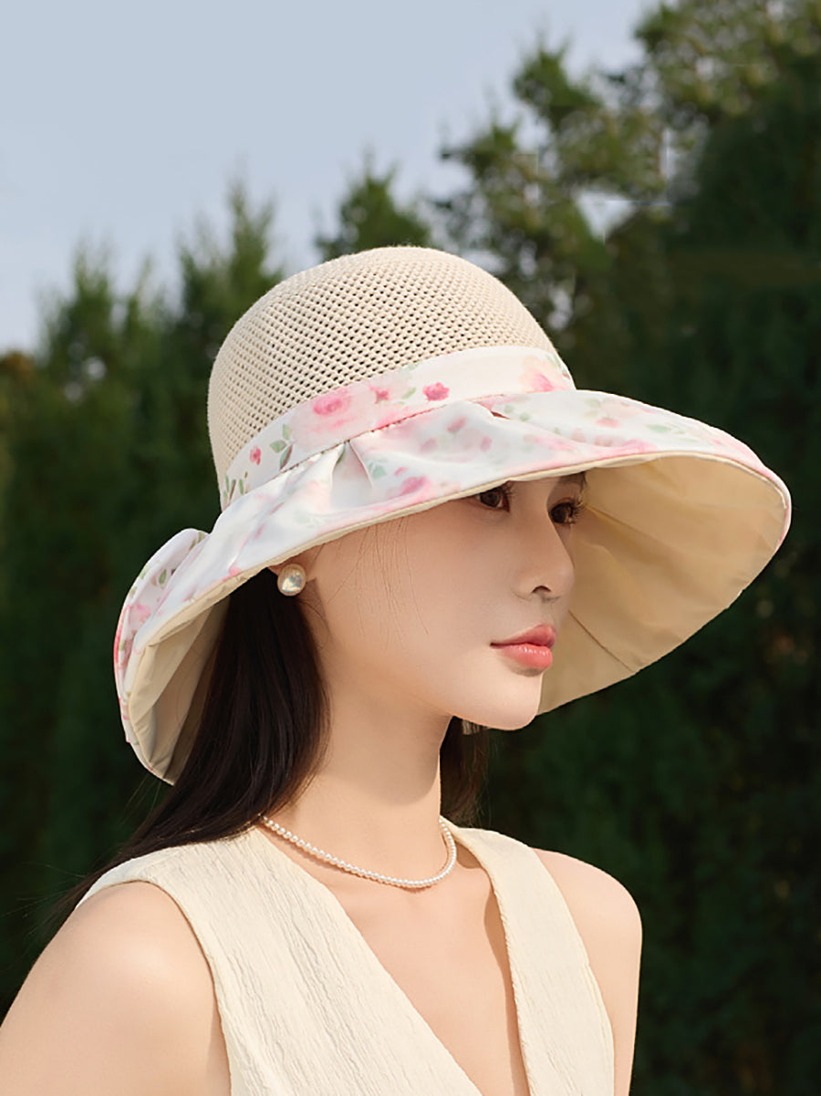 Women Summer Flower Spliced Bowknot Sunproof Hat