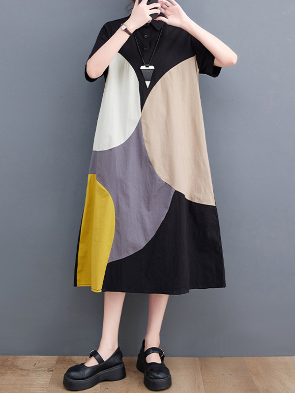 Loose Oversize Color-Block Contrast Color Split-Joint Lapel Midi Dresses Shirt Dress