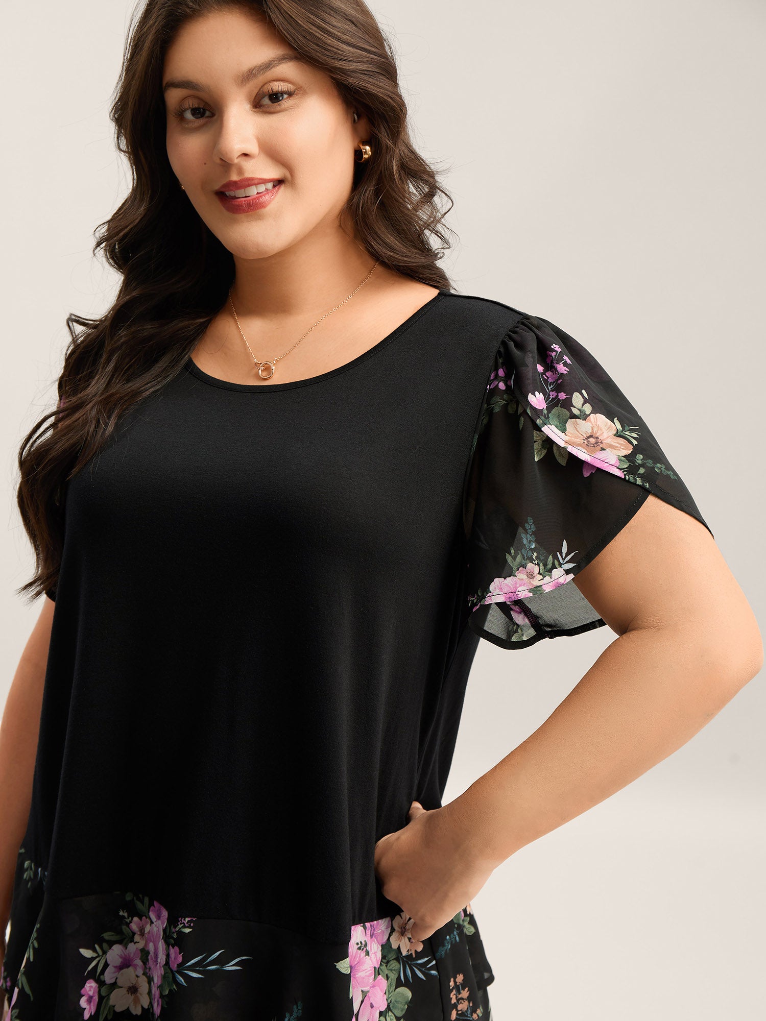 Floral Print Petal Sleeve Tiered Top