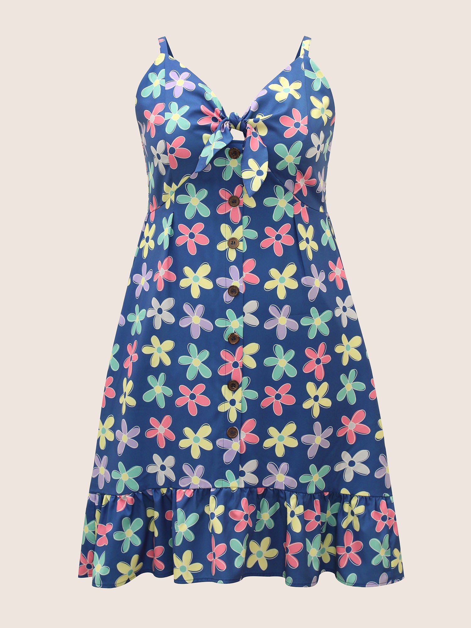 V Neck Floral Twist Front Button Detail Dress