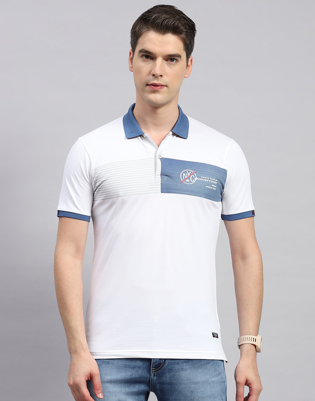 Men White Printed Polo Collar Half Sleeve T-Shirt