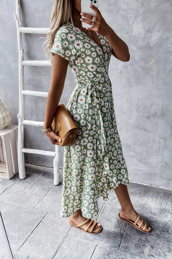 Floral V-neck Wrapped Midi Dress