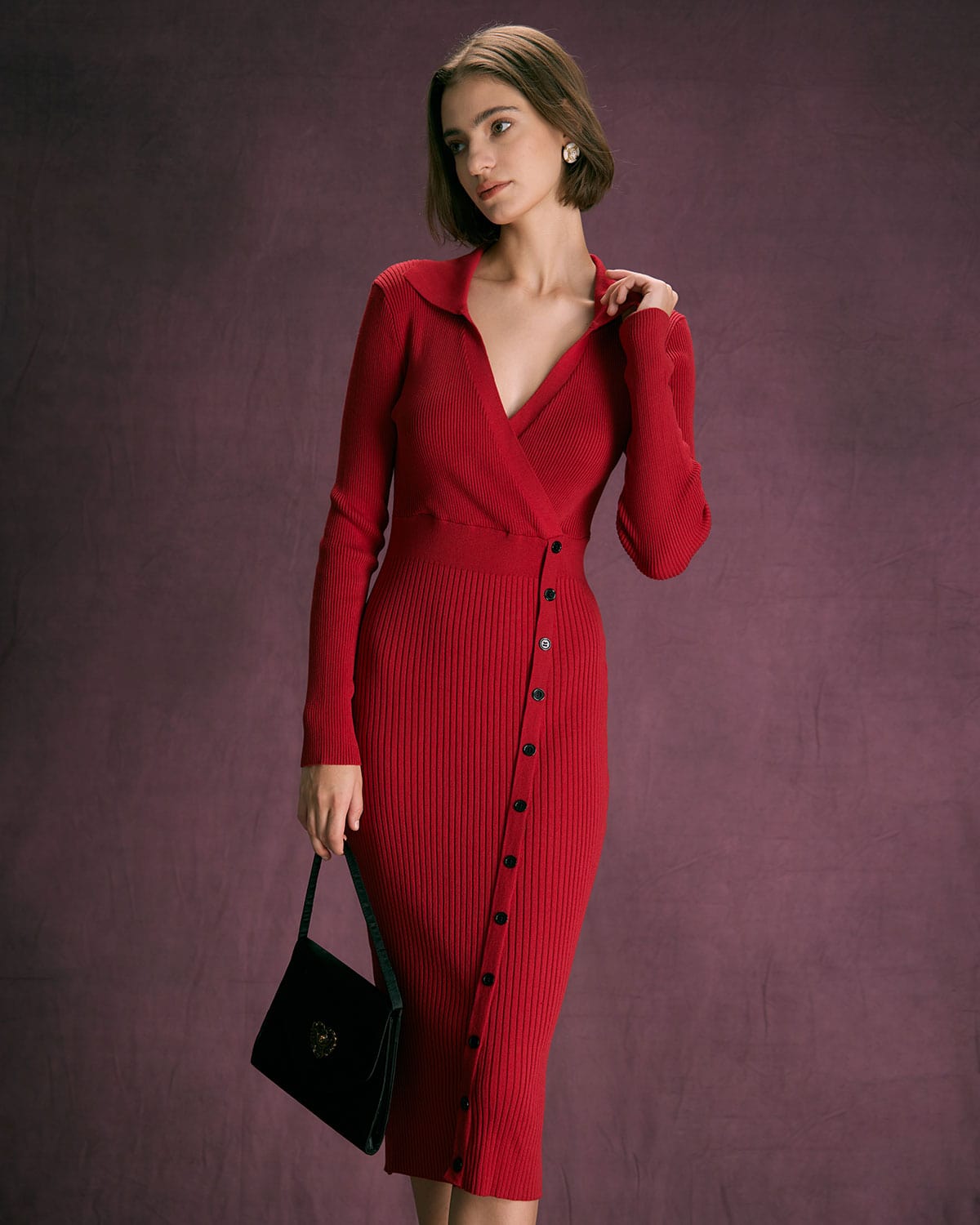 The Red V Neck Button Up Wrap Midi Dress