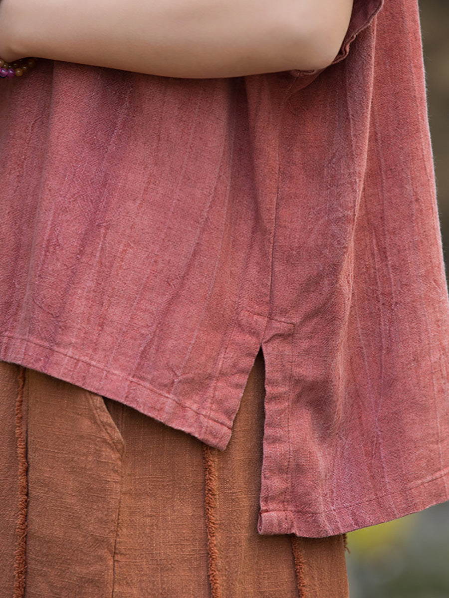 Women Summer Ethnic Pure Color Stand Collar Linen Shirt