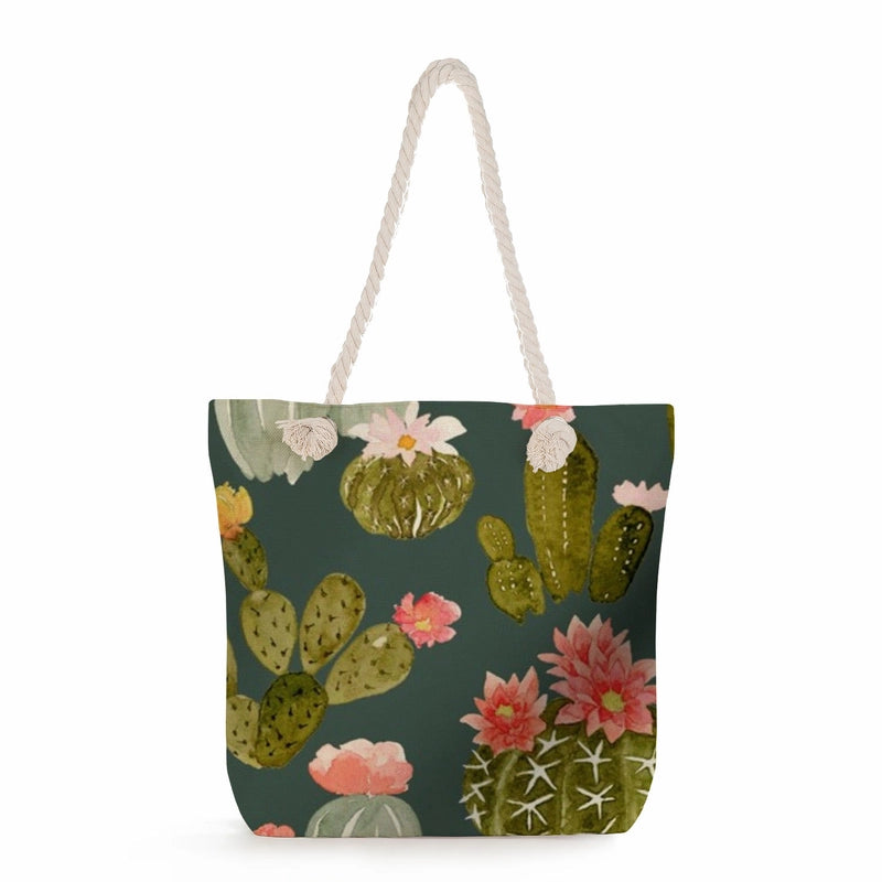 Women's Medium Linen Cactus Vacation Classic Style Square Zipper Tote Bag Beach Bag