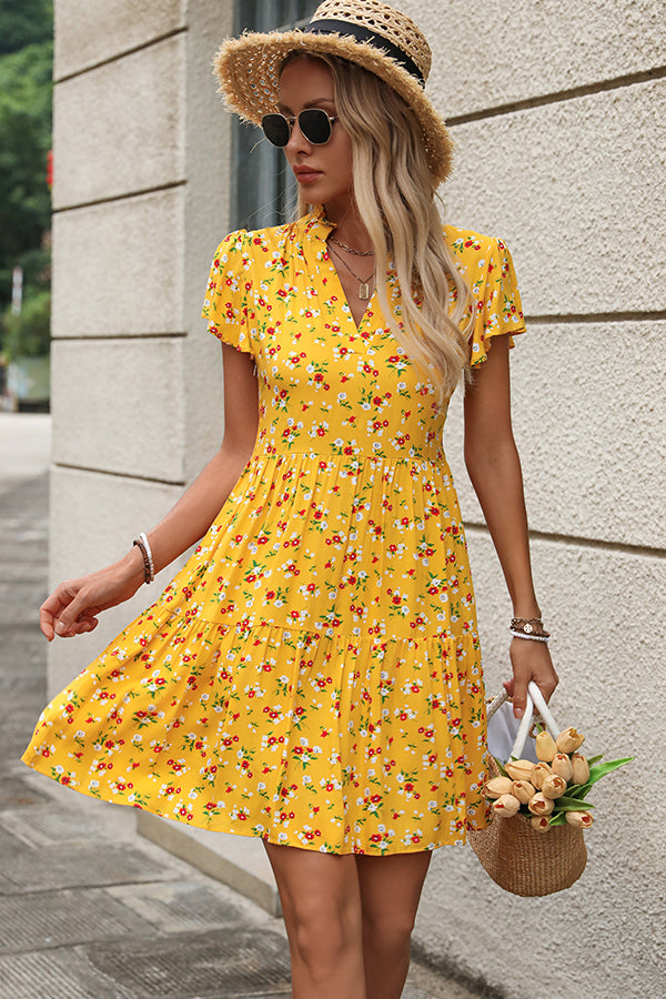 Fashion Floral Print V Neck Cute Mini Dress