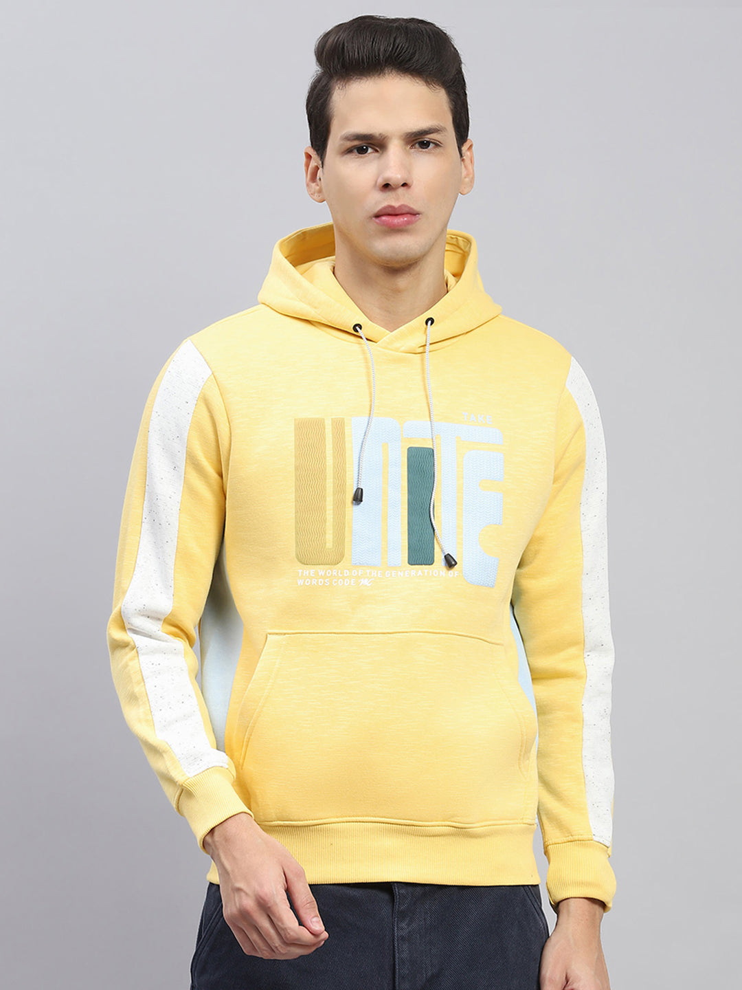 Men Yellow Printed Hooded Full Sleeve Sweatshirt