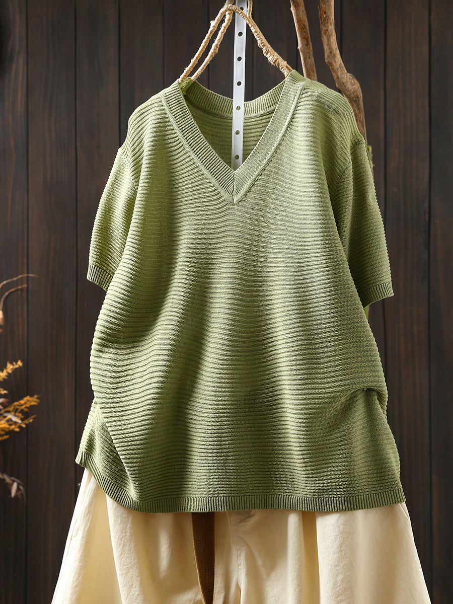 Women Summer Casual Linen Knitted V-Neck Shirt