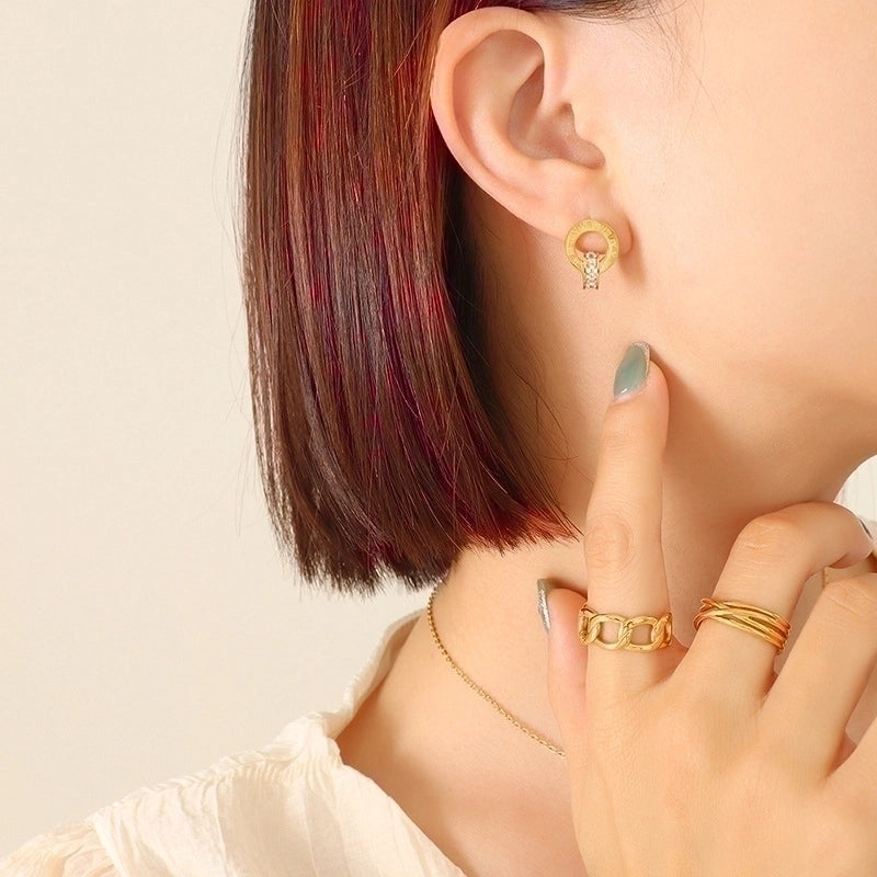 Fashion Round Titanium Steel Inlay Zircon Earrings Necklace