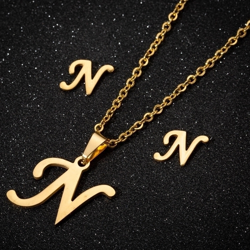 Women's Fashion Minimalist Letter Stainless Steel Pendant Necklace Ear Studs Plating Jewelry Sets