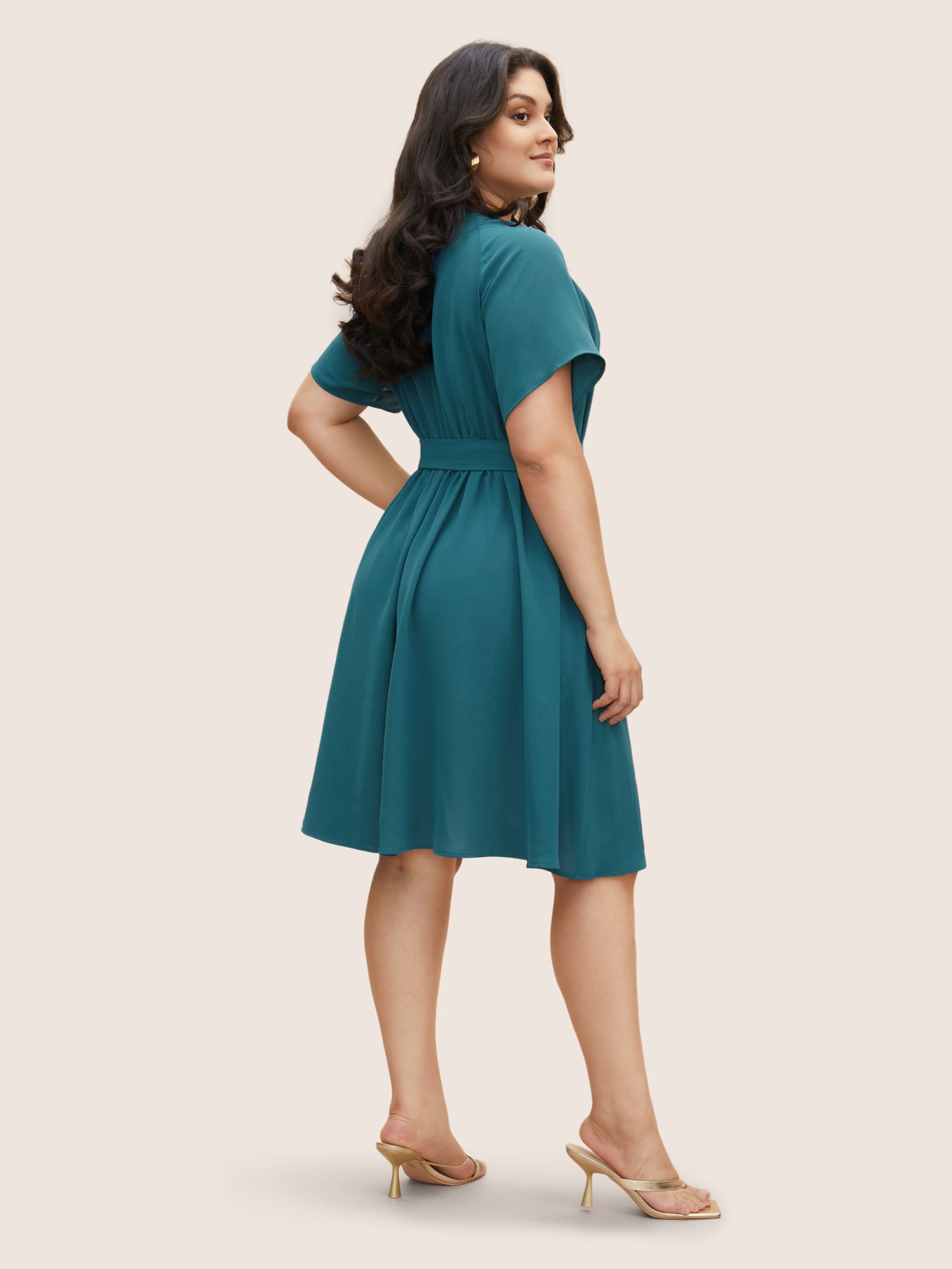 Shirred Notched Button Up Belted Dress