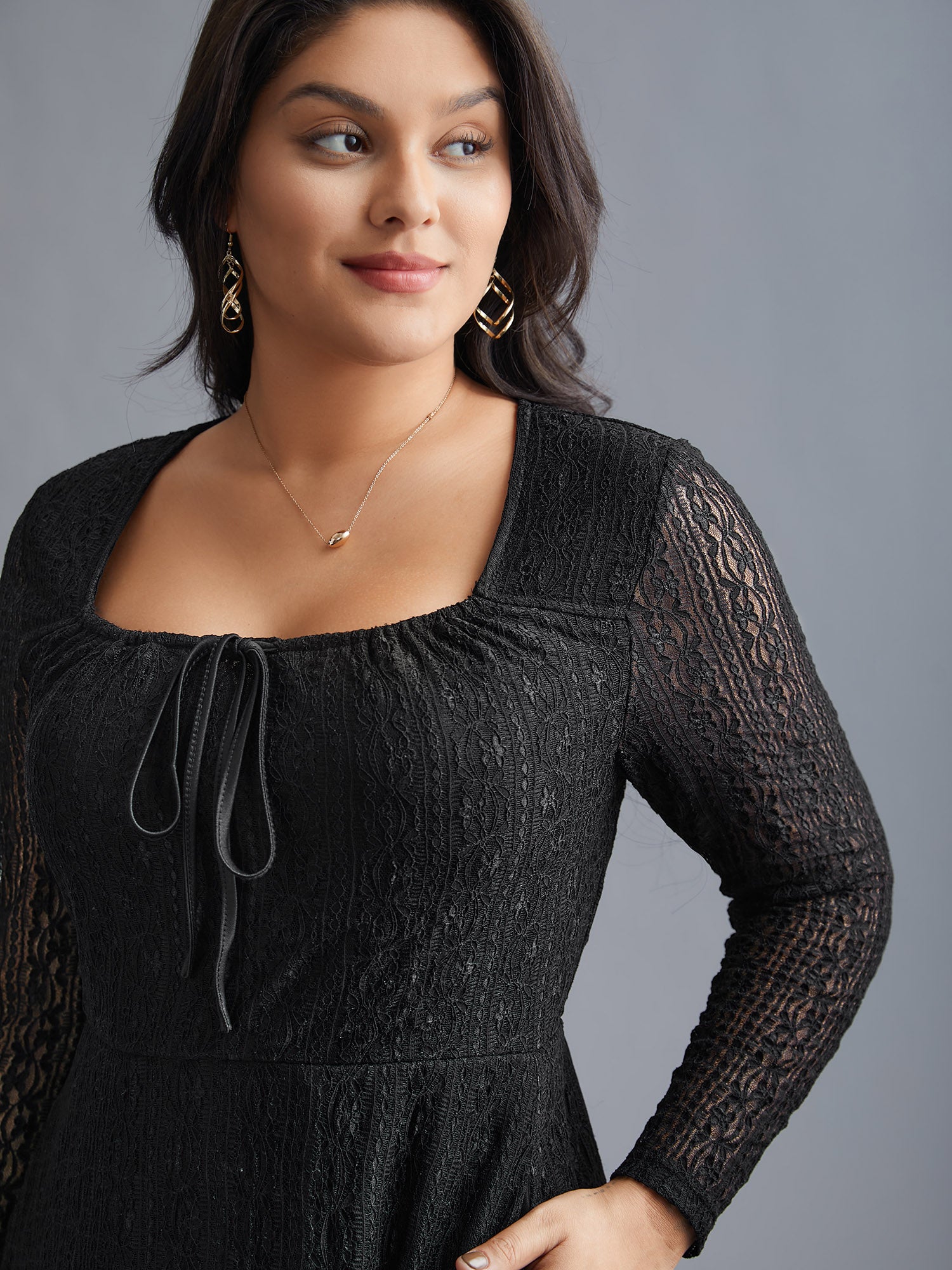 Lace Panel Square Neck Tie Knot Dress