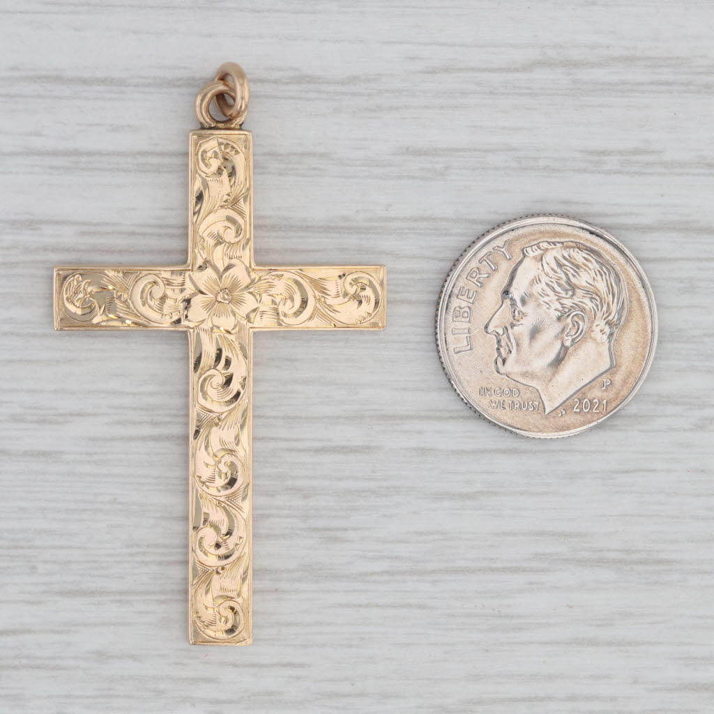 Antique Floral Hand Engraved Cross Pendant 10k Yellow Gold Reversible Engravable