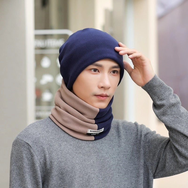 Two-piece Men's Scarf Winter  Simple Men's And Women's Winter Warm Hat Thickened Scarf Cover Student Head Collar