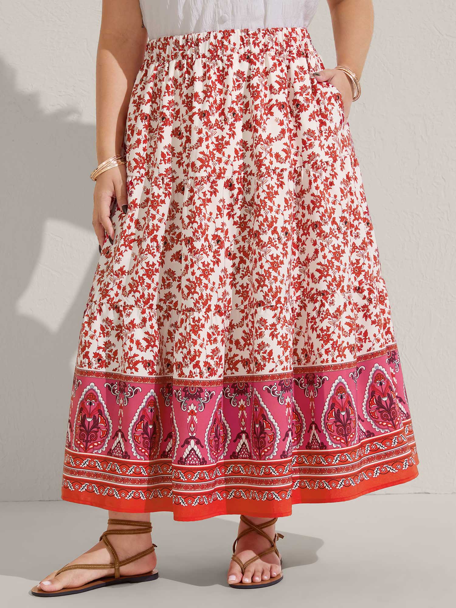 Floral Boho Print Tiered Maxi Skirt