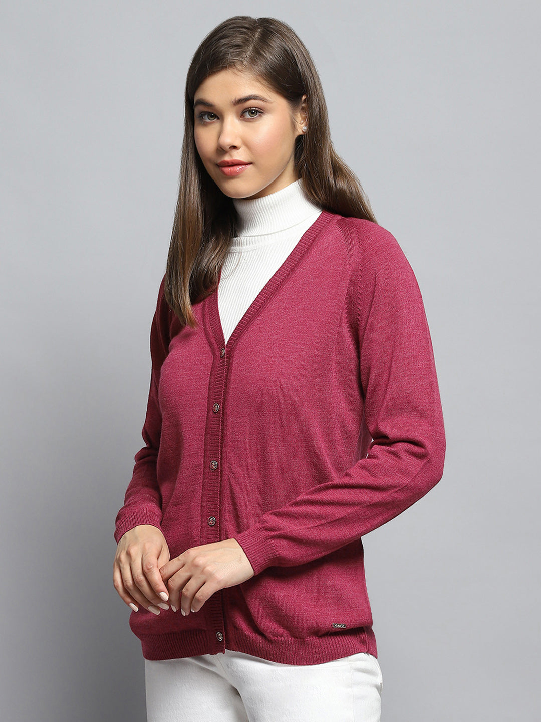 Women Rust Solid V Neck Full Sleeve Cardigan