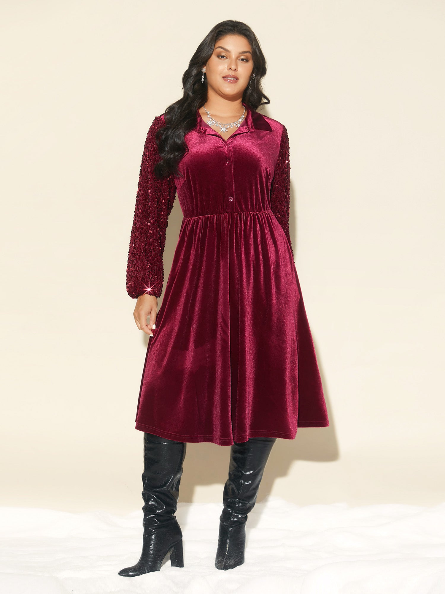 Shimmery Embellishments Shirt Collar Midi Dress