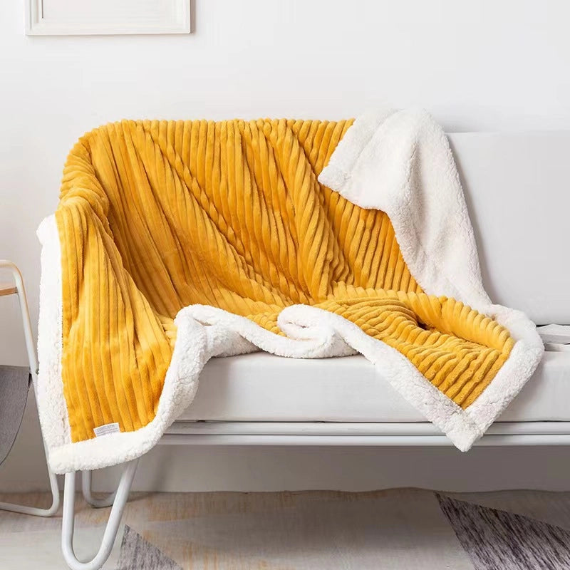 Plain Double Layer Lambskin Blanket Summer Flannel Blanket Striped Pattern Sofa Blanket Casual Nap Air-conditioning Blanket
