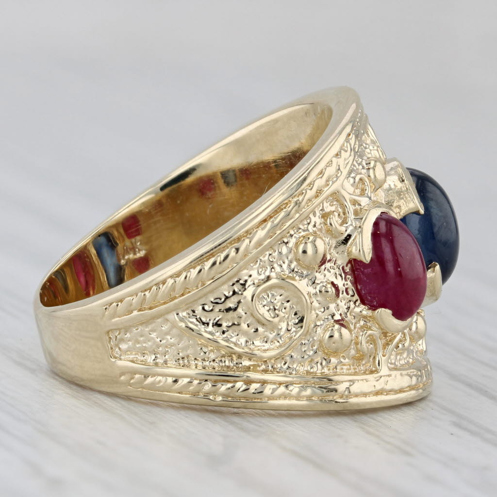 Blue Sapphire Ruby Ring 14k Yellow Gold Size 7 Orange 3-Stone