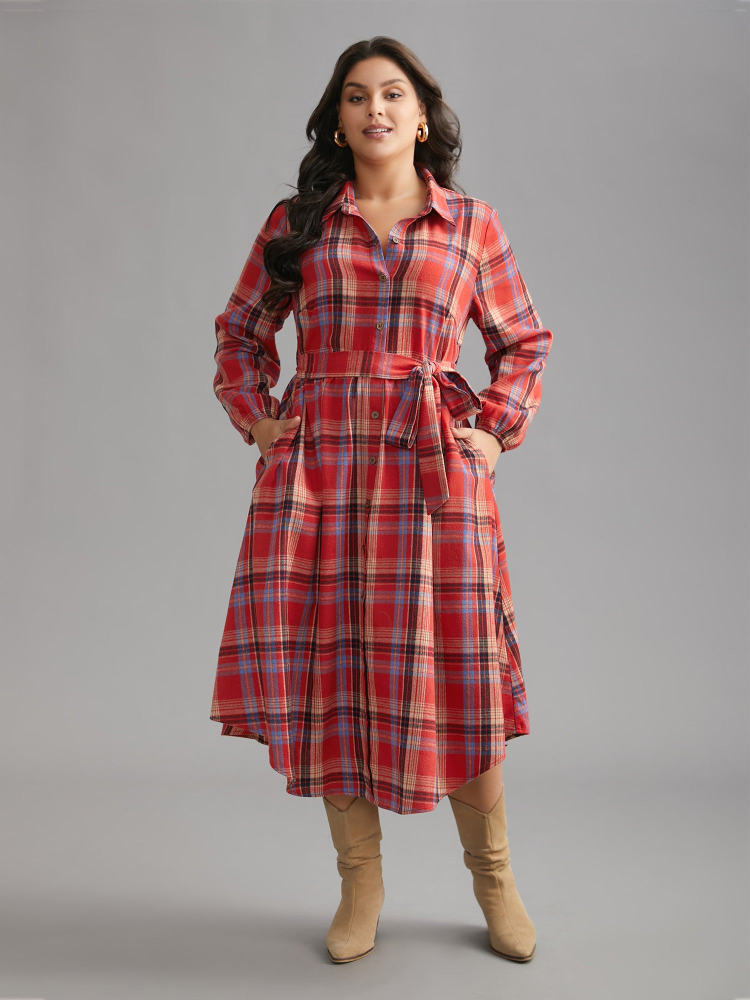 Plaid Button Detail Pocket Belted Arc Hem Dress