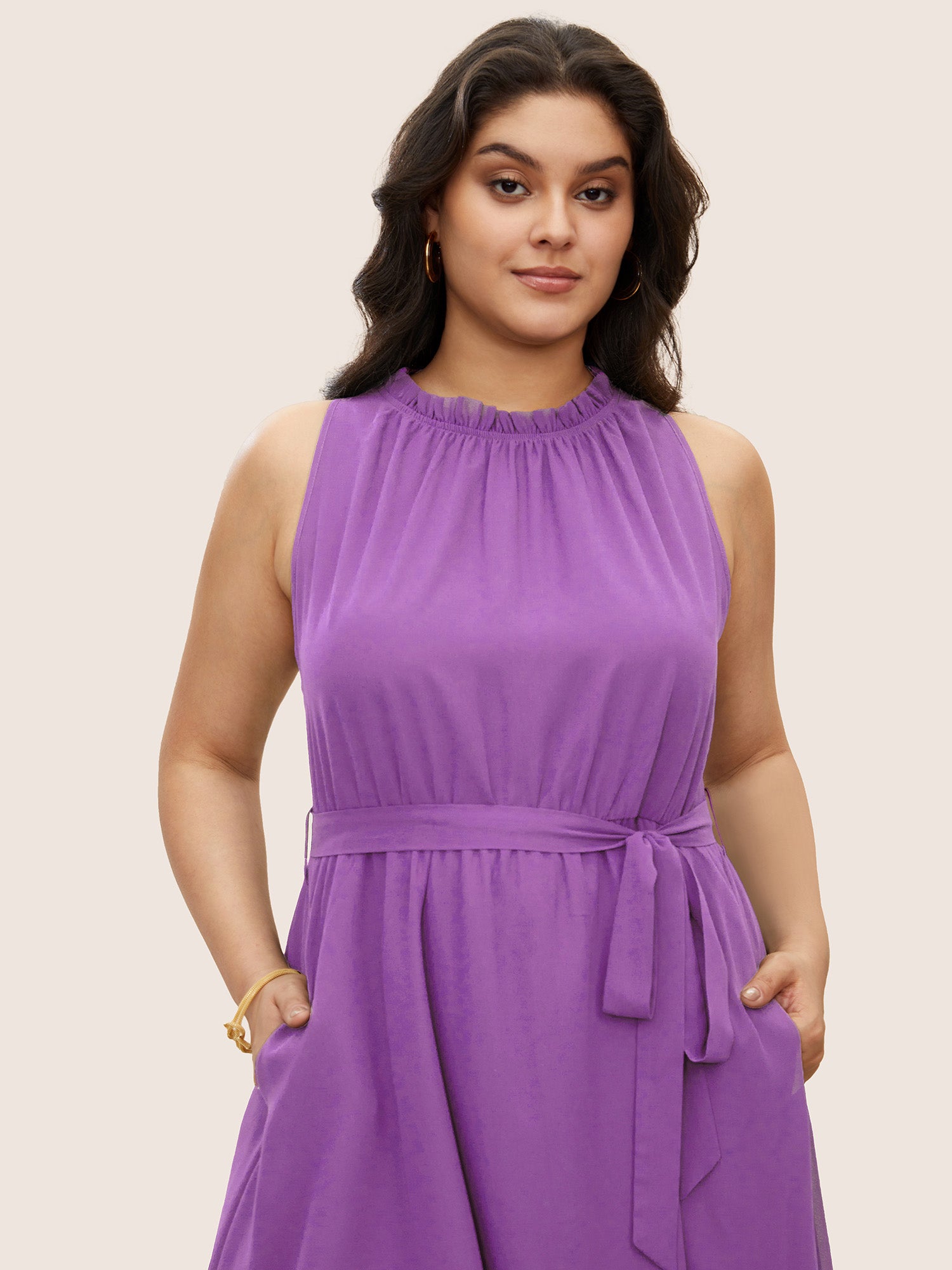 Plain Sleeveless Frill Trim Pocket Belted Mock Neck Dress