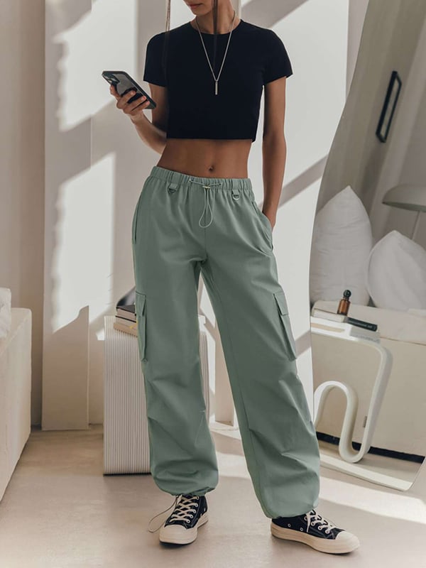 High Waisted Loose Drawstring Elasticity Pockets Split-Joint Pants Trousers