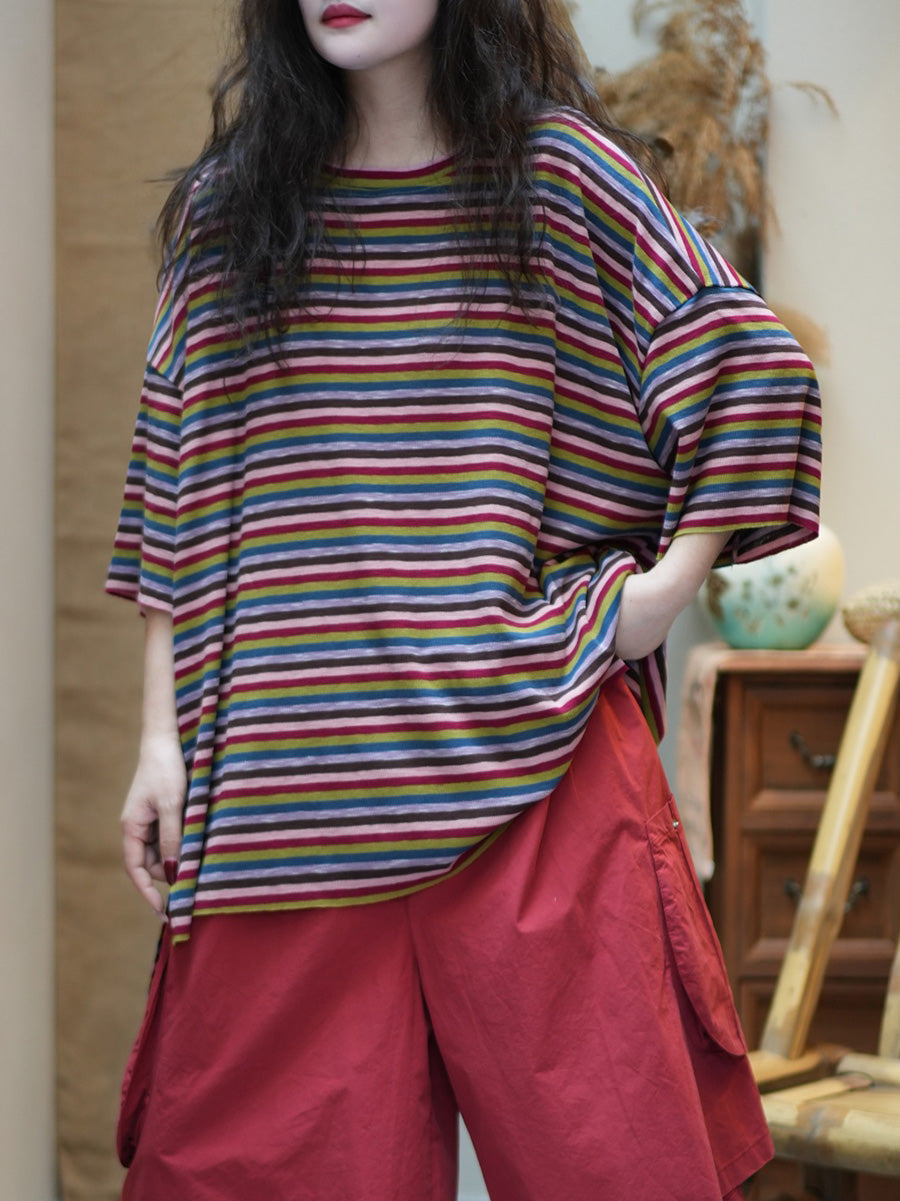 Women Summer Casual Stripe Cotton O-Neck Shirt