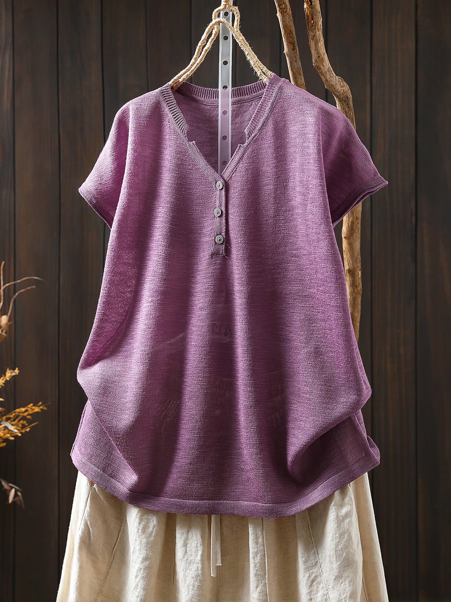 Women Summer Casual Pure Color Knitted V-Neck Shirt