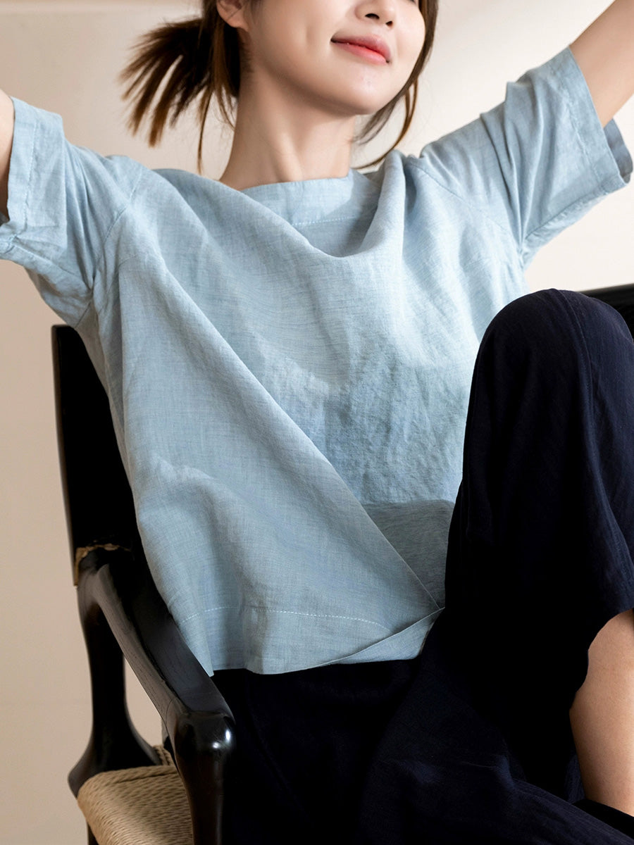 Women Summer Casual Pure Color Linen Cotton O-Neck Shirt