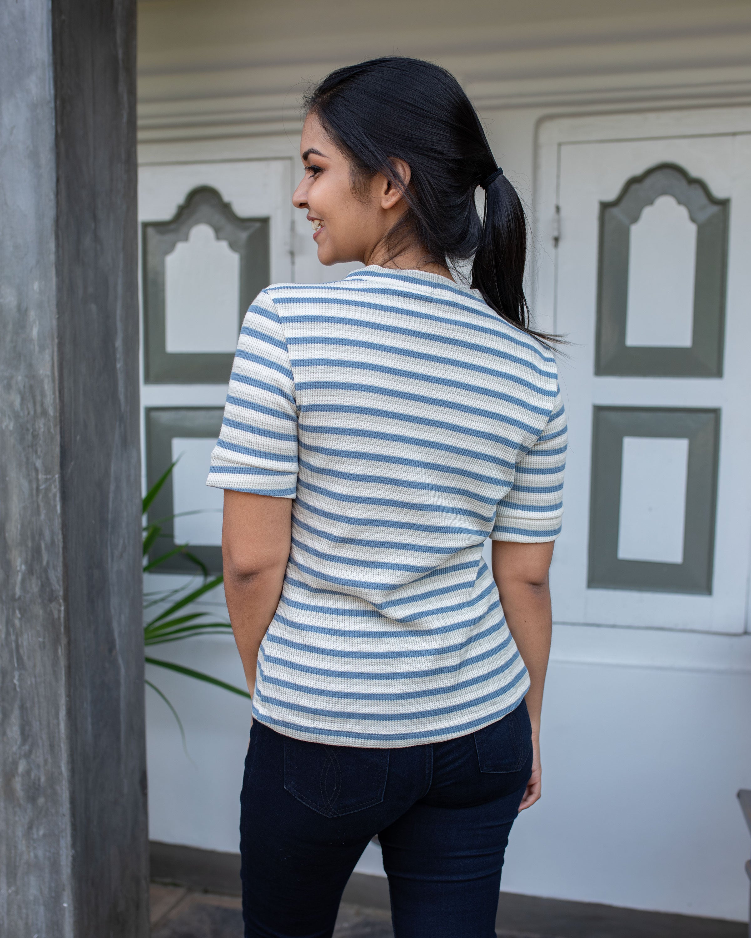 Kai Knitted Workwear Top - Blue Stripe