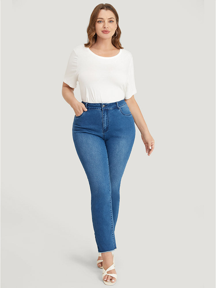 Very Stretchy High Rise Medium Wash Lace Insert Raw Hem Jeans