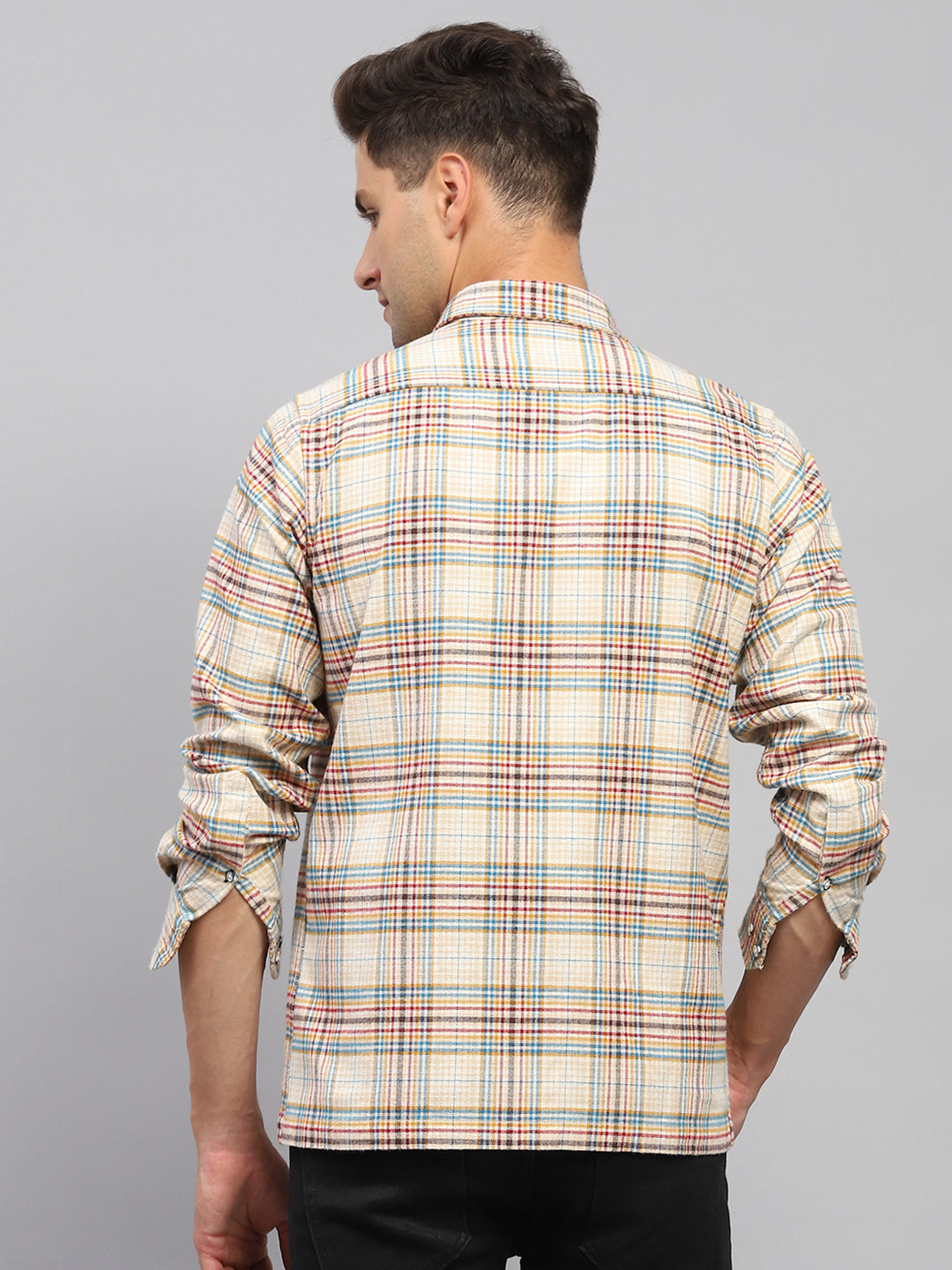 Men Beige Check Collar Full Sleeve Shirt