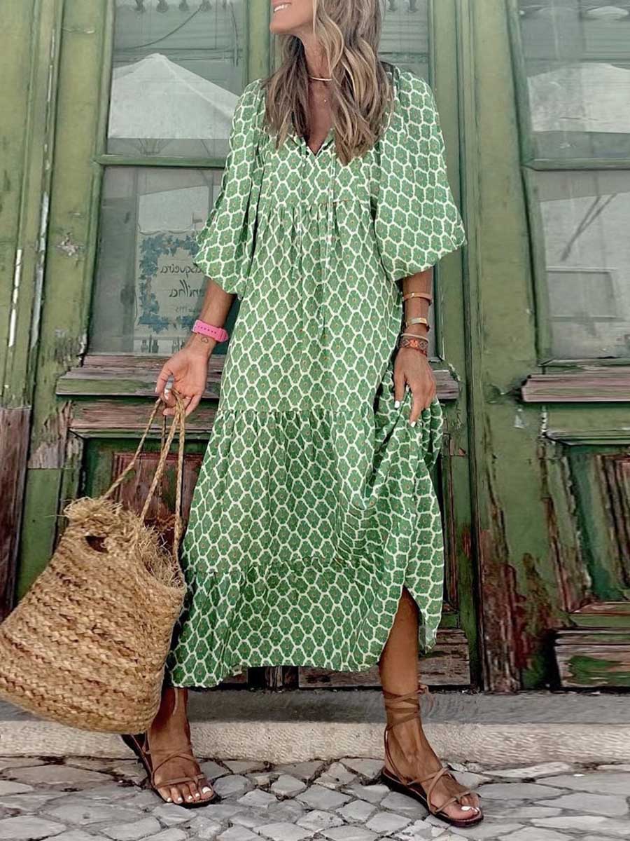 Printed Bubble Sleeve Dress