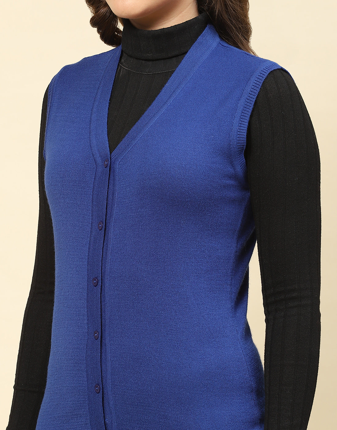 Women Blue Solid V Neck Sleeveless Cardigan