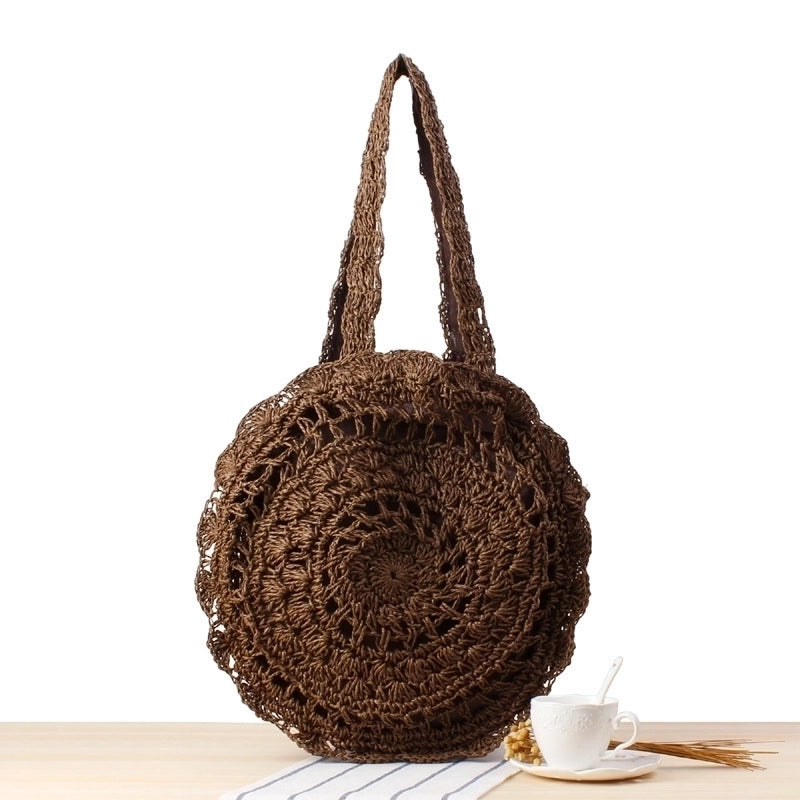 Women's Large Spring&summer Straw Solid Color Vacation Round Zipper Straw Bag
