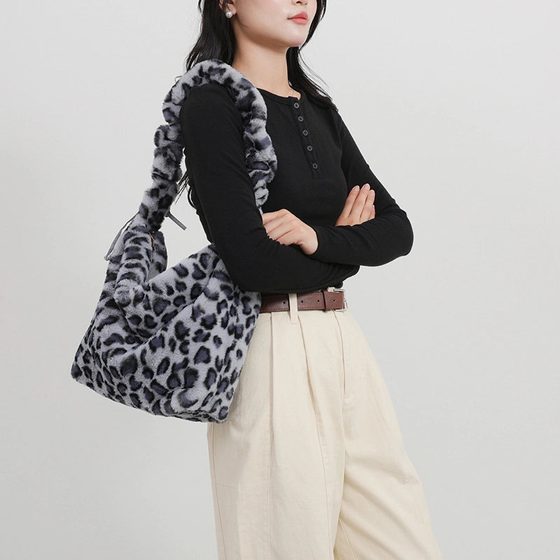 Women's Plush Leopard Vintage Style Classic Style Bucket Zipper Bucket Bag