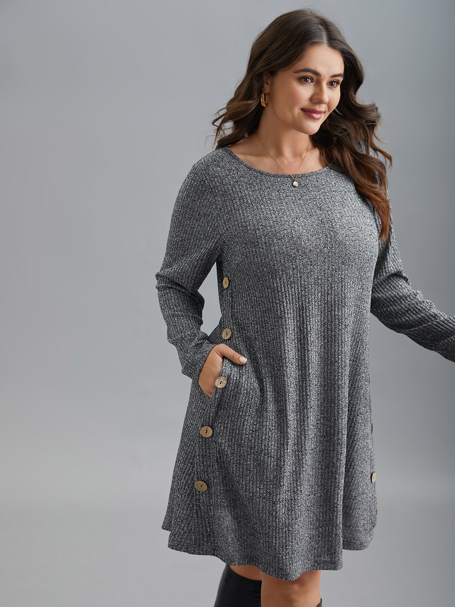 Crew Neck HeatherRibbed Knit Dress