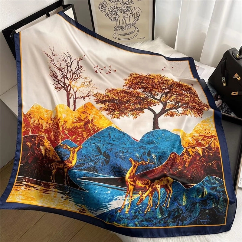 Women's Elegant Sweet Color Block Satin Printing Flowers Silk Scarf