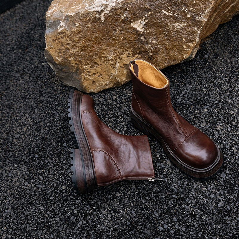 Leather Chunky Martin Boots With Stitching Back Zip Ankle Boots in Coffee/Black