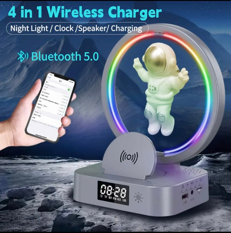 ASTRONAUT NIGHT LIGHT WITH SPEAKER. WIRELESS CHARGER LEVITATION LAMP