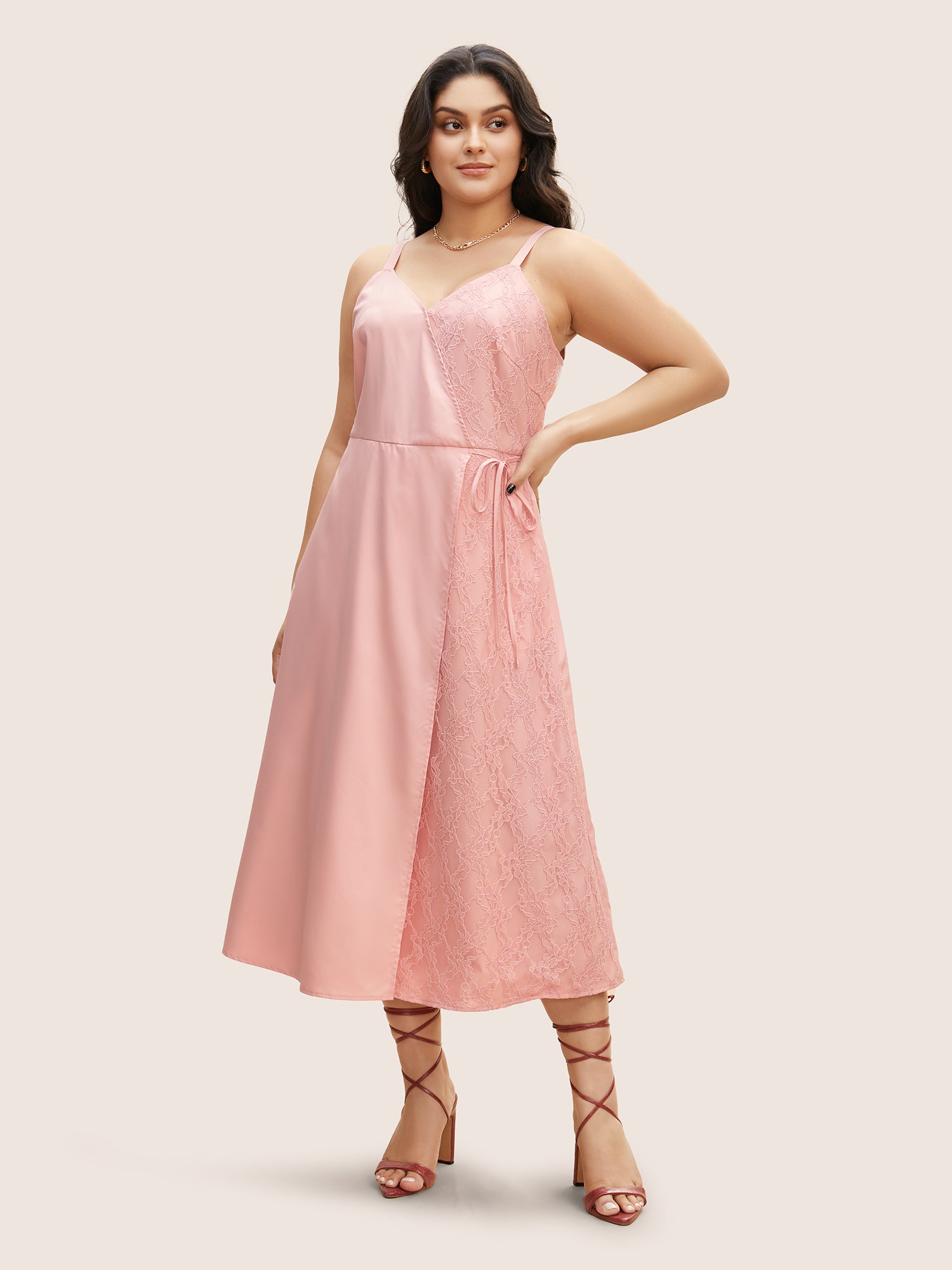 Solid Lace Patchwork Tie Knot Midi Dress