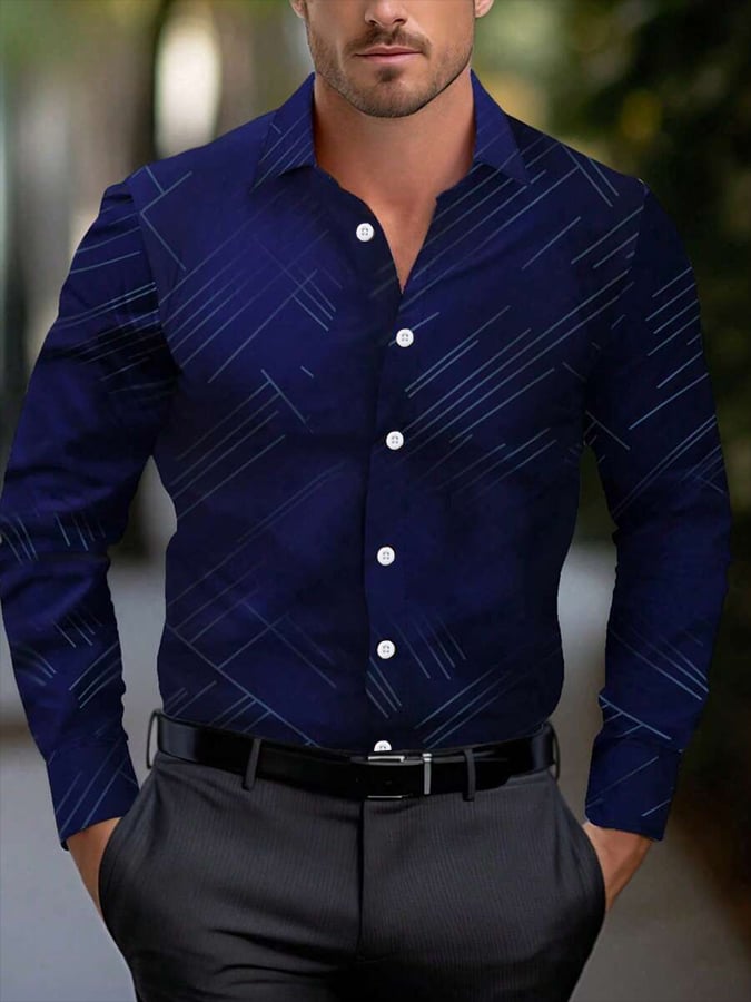 Men'sgeometric Stripe Design Business Casual Shirt