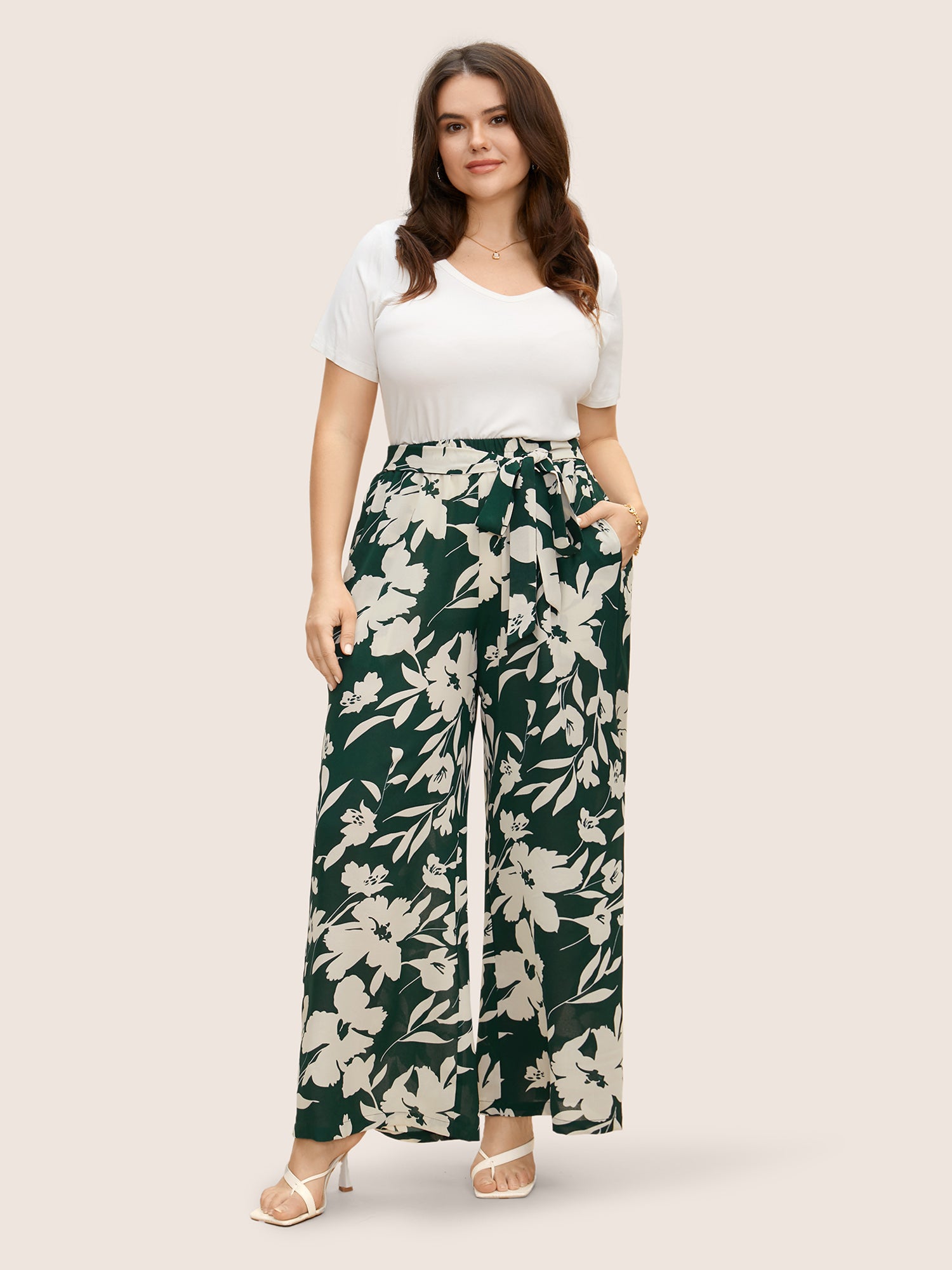 Silhouette Floral Print Ties Side Seam Pocket Pants