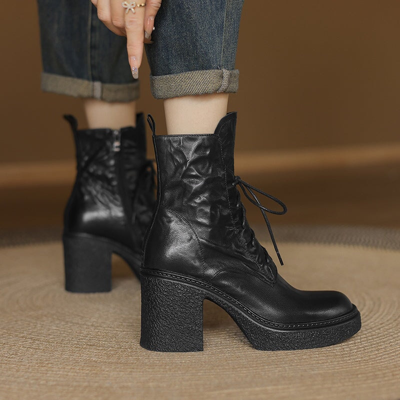Retro 80mm Chunky Block Heel Lace-Up Combat Boots with Side Zipper Brown/Black
