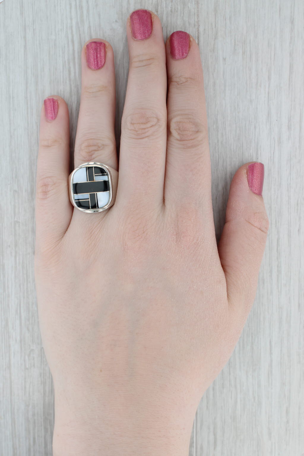 Mother of Pearl Quartzite Mosaic Ring Sterling Silver Size 12 Angie Tom Navajo