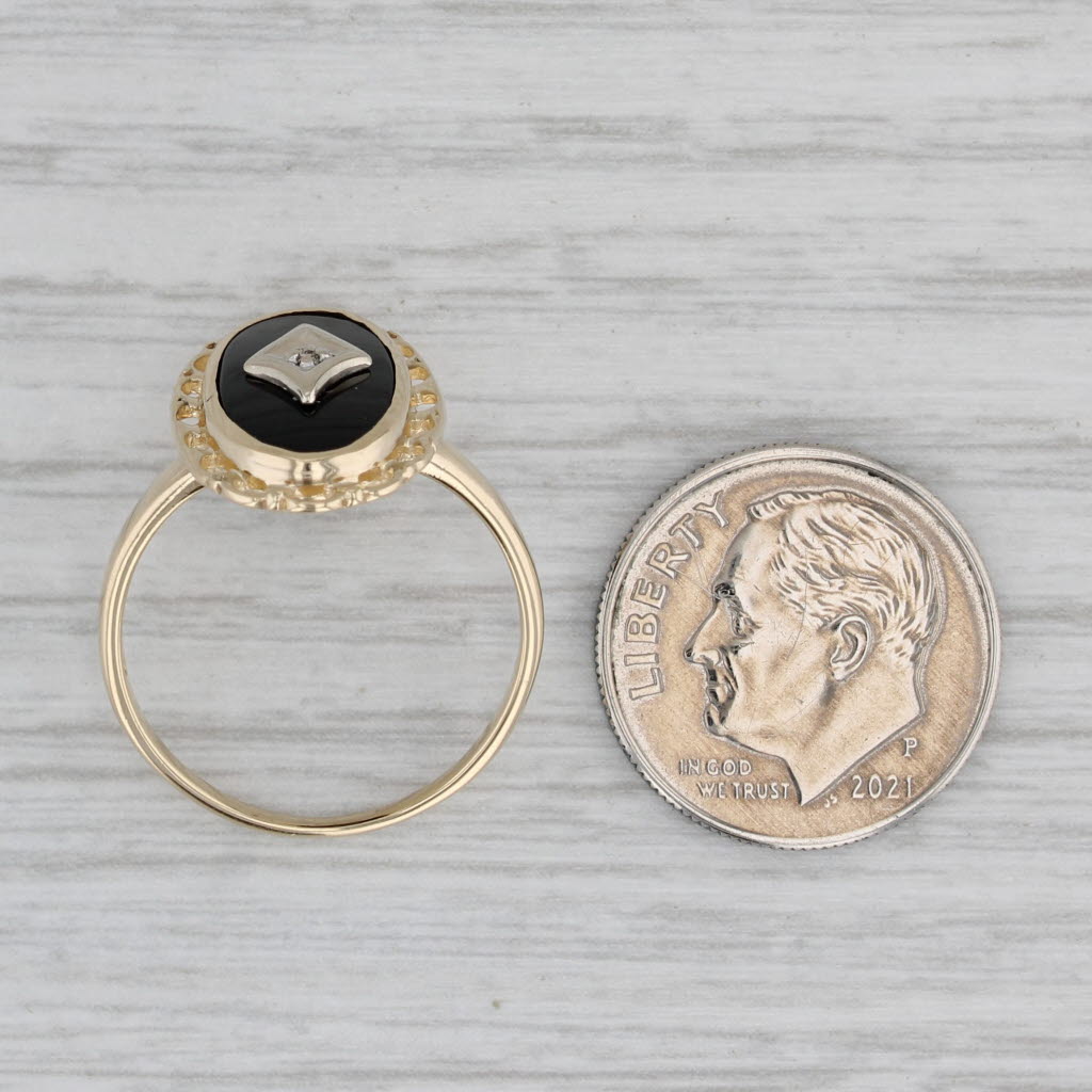 Vintage Onyx Diamond Signet Ring 10k Yellow White Gold Size 7.25