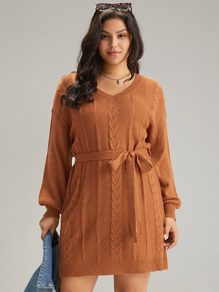 Cable Knit Belted Lantern Sleeve Sweater Dress